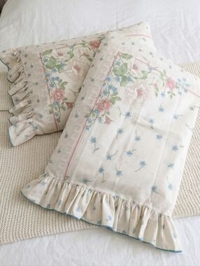 Pair Of Vintage Pierre Cardin Cream Floral Ruffled Pillowcases Pink Blue Accents